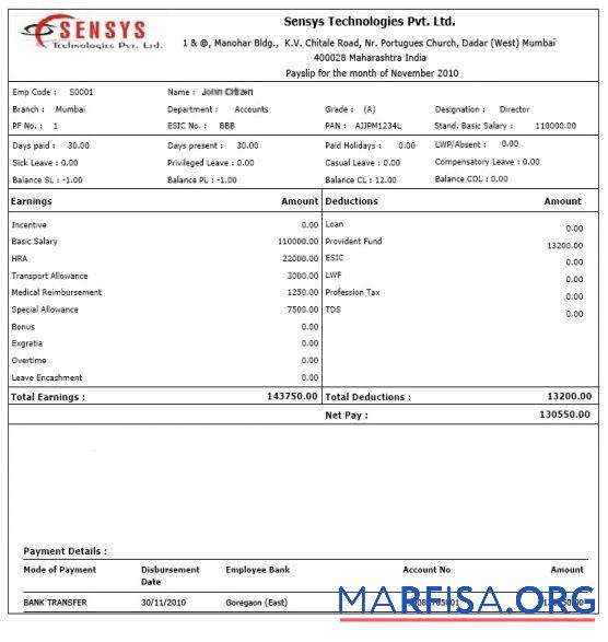 Printable India Sensys technologies Pvt. Ltd. payslip real example